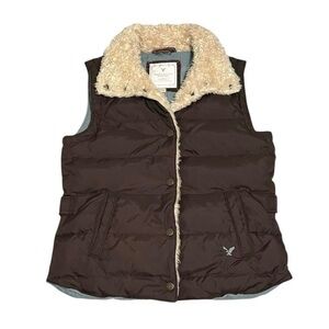 y2k American Eagle fur trim brown puffer vest